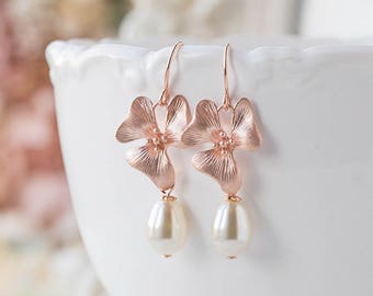 Rose Gold Bridal Earrings, Cream White Teardrop Pearl Earrings, Rose Gold Orchid Flower Earrings, Wedding Jewelry, Bridesmaid Gift