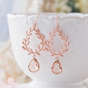 Rose Gold Earrings, Wedding Bridal Earrings, Peach Champagne Crystal Teardrop Laurel Wreath Dangle Earrings, Bridesmaid Gift