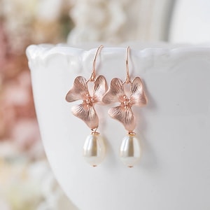 Rose Gold Bridal Earrings, Cream White Teardrop Pearl Earrings, Rose Gold Orchid Flower Earrings, Wedding Jewelry, Bridesmaid Gift