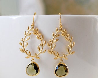 Dark Olive Green Gold Leaf Laurel Wreath Dangle Earrings, Olivine Wedding Jewelry, Gift for Mom wife girlfriend Sister