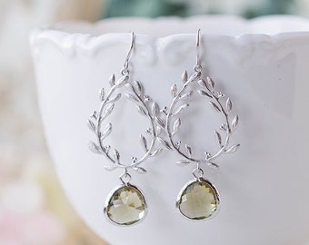 Silver Laurel Wreath Dark Olive Glass Teardrop Dangle Earrings, Olivine Wedding Bridal Chandelier Earrings, Bridal Party Bridesmaid Gift