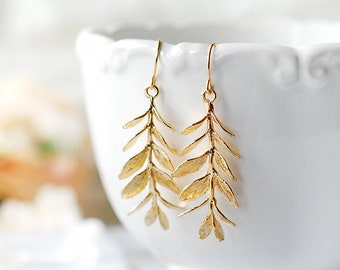 Gold Leaf Earrings, Branch Earrings, Nature Inspired Long Dangle Earrings, Woodland Jewelry, Woodland Wedding Bridesmaid Gift