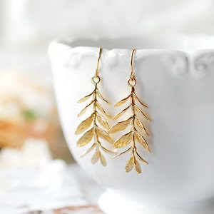 Gold Leaf Earrings, Branch Earrings, Nature Inspired Long Dangle Earrings, Woodland Jewelry, Woodland Wedding Bridesmaid Gift