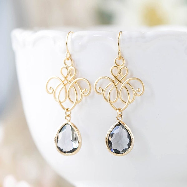 Gray Earrings Gold Grey Dangle Earrings Wedding Jewelry Bridesmaid Gift Charcoal Black Diamond Chandelier Earrings, Bridesmaid Earrings