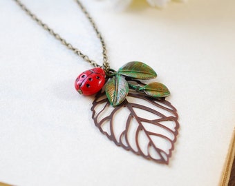 Ladybug Necklace, Ladybug Jewelry, Large Copper Filigree Leaf Necklace, Green Verdigris Leaf Branch Necklace, Gift for Her, Summer Jewelry