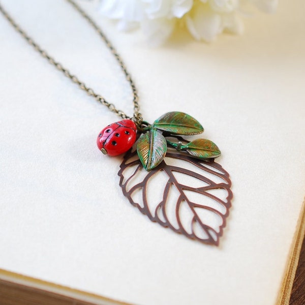 Ladybug Necklace, Ladybug Jewelry, Large Copper Filigree Leaf Necklace, Green Verdigris Leaf Branch Necklace, Gift for Her, Summer Jewelry