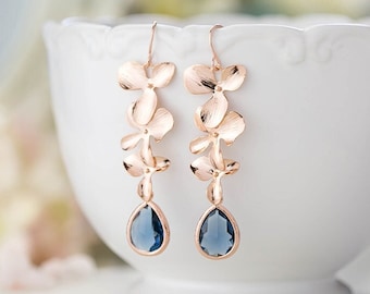 Rose Gold Orchid Earrings, Navy Blue Teardrop Crystal Dangle Earrings, Navy Blue Wedding Jewelry, Bridesmaid Gift