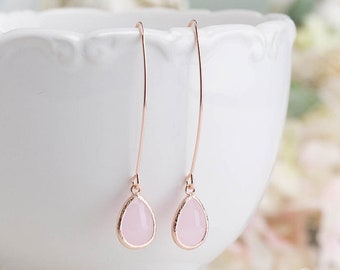 Blush Pink Earrings, Rose Gold Long Dangle Earrings, Blush Wedding Jewelry, Bridesmaid Gift, Gift for her, Rose Gold Jewelry