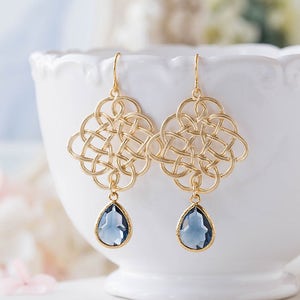 Gold Celtic Knot Earrings: Navy Blue Crystal Dangle Earrings