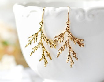 Gold Spruce Tree Leaf Branch Earrings, Fall Earrings, Winter Earrings, Fall Winter Jewelry, Coniferous Evergreen tree, Christmas Tree