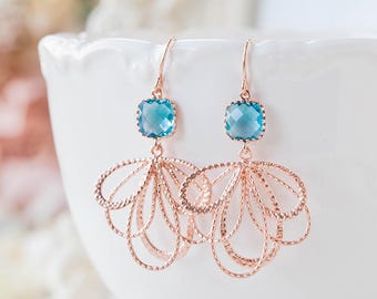Blue Zircon Earrings, Aqua Blue Rose Gold Earrings, December Birthstone Jewelry, Gift for Her, Rose Gold Jewelry, Wedding Bridesmaid gift