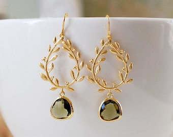 Dark Olive Green Gold Leaf Laurel Wreath Dangle Earrings, Olivine Wedding Jewelry, Gift for Mom wife girlfriend Sister