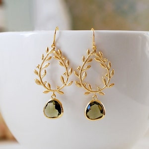 Dark Olive Green Gold Leaf Laurel Wreath Dangle Earrings, Olivine Wedding Jewelry, Gift for Mom wife girlfriend Sister