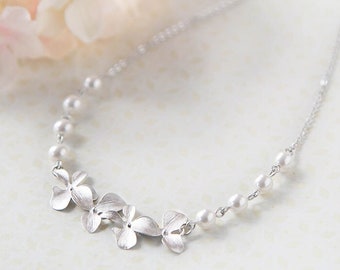 Bridal Necklace Silver Wedding Jewelry Bridesmaid Necklace Silver Cascading Orchid Flowers  White Pearls Necklace Gift for Her