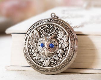 Personalized Silver Owl Locket Necklace, Customized Photo Picture Locket, Blue Sapphire September Birthstone Jewelry, Gift for Daughter