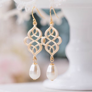 Matte Gold Celtic Knot Earrings Filigree Cream White Teardrop Pearl Dangle Earrings Wedding Bridal Earring Eternity infinity jewelry image 3