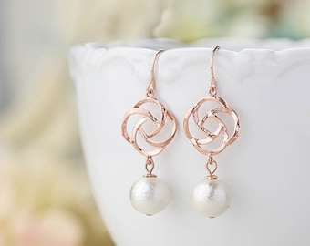 Rose Gold White Cotton Pearls Earrings, Bridal Earrings, Rose Gold Jewelry, Wedding Pearl Jewelry, Bridesmaid Gift, Light Weight