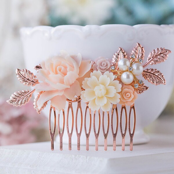 Rose Gold Wedding bruids haar kam Blush roze crème wit parelmoer Strass Leaf Branch steeg Floral kam naakten natuurlijke tinten haar stuk