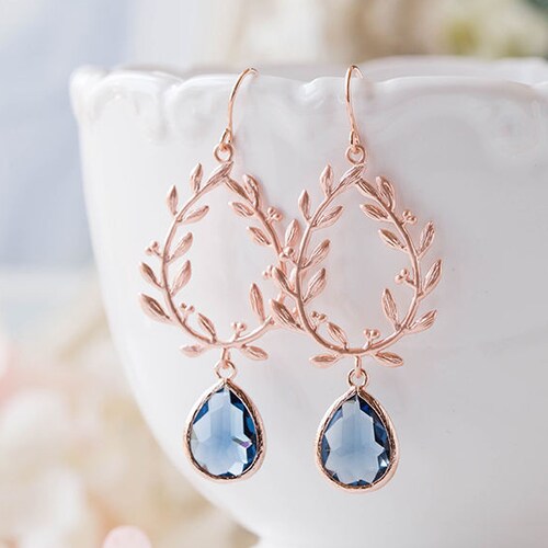 Rose Gold Sapphire Navy Blue Earrings, Rose Gold Wedding Bridal Earrings, Navy Blue Wedding Jewelry, Bridesmaid Earrings, Wreath Earrings