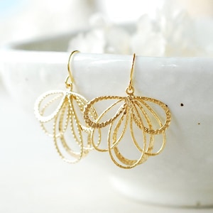 18K Gold Dangle Earrings, Fan Shape Filigree Earring, Modern Minimalist Earrings, Birthday Gift for women for Her Gift for mom daughter Wife image 1