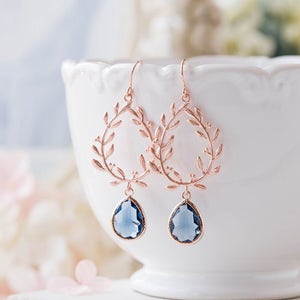 Rose Gold Sapphire Navy Blue Earrings, Rose Gold Wedding Bridal Earrings, Navy Blue Wedding Jewelry, Bridesmaid Earrings, Wreath Earrings