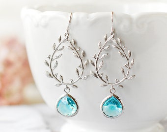 Aqua Blue Earrings with silver Laurel Wreath, March Birthstone Aquamarine Earrings, Aqua Wedding Jewelry, Bridesmaid Gift, gift for Her