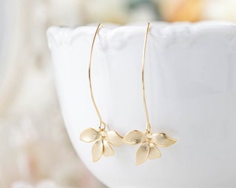 Gold Dangle Earrings. Matte Gold Orchid Flower Long Dangle Earrings. Gold Wedding Bridal Earrings, Bridesmaid Earrings, Gift for Her
