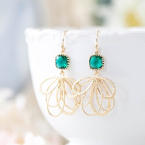 Emerald Green Earrings Gold Dangle Earrings Emerald Wedding Earrings Bridesmaid Earrings Bridal Jewelry May Birthstone Jewelry Gift for Her