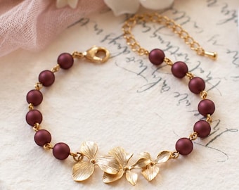 Plum Purple Burgundy Pearl Bracelet, Gold Floral Bracelet,  Flower Jewelry, Burgundy Wedding Bracelet, Fall Winter Jewelry