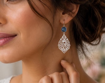 Navy Blue Earrings Silver Paisley Filigree Sapphire Earrings Navy Blue Wedding Bridal Jewelry, Bridesmaid Earrings, Bridesmaid Earrings