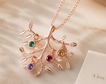 Rose Gold Family Tree Necklace, Persoanlized Gift for Mom, Birthstone Necklace, Mothers Day Gift for Wife Grandma, Birthstone of Children