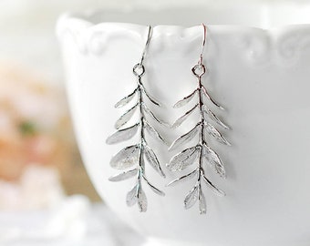 Silver Leaf Earrings, Long Silver Branch Earrings, Nature Inspired, Woodland Jewelry, Woodland Wedding Bridal Jewelry, Gift for her