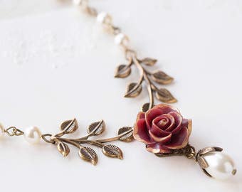 Dark Red Rose Flower Brass Leaf Cream White Pearl Necklace, Gold Maroon Marsala Burgundy Bridal Necklace, Woodland Garden Wedding Jewelry