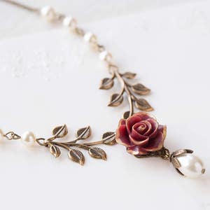 Dark Red Rose Flower Brass Leaf Cream White Pearl Necklace, Gold Maroon Marsala Burgundy Bridal Necklace, Woodland Garden Wedding Jewelry