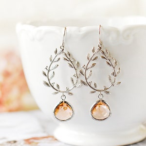 Peach Champagne Earrings, Silver Leaf Wreath Earrings, Peach Wedding Bridal Jewelry, Bridesmaid Earrings, Bridesmaid Gift, Gift for her