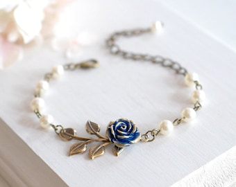 Navy Blue Wedding Bridal Bracelet Dark Blue Rose Flower Brass Leaf Branch Beaded Cream Ivory Pearl Bracelet Flower Girl Bridesmaid Bracelet