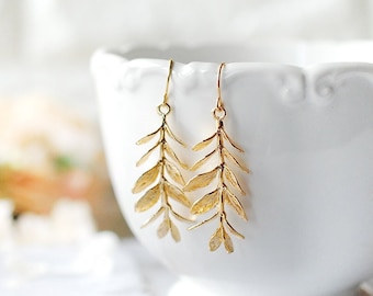 18K Gold Leaf Branch Earrings: Long Dangle Woodland Jewelry