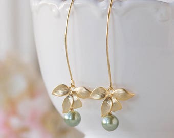 Sage Green Pearl Gold Orchid Flower Earrings, Olive Green Sage Wedding Bridal Earrings, Bridesmaid Earrings, Gift for Her, Gift for Women