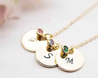 Personalized Initial Birthstone Necklace, Personalized Gift for Mom, Birthday Christmas Gift for Mom Mother Wife, Initial Disc Necklace