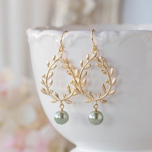 Gold laurel wreath Sage Green Pearl Earrings Sage Green Wedding chandelier Earrings Bridal Earrings Bridal Party Bridesmaid Gift