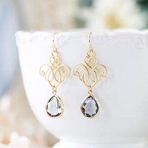 Gray Earrings Gold Grey Dangle Earrings Wedding Jewelry Bridesmaid Gift Charcoal Black Diamond Chandelier Earrings, Bridesmaid Earrings