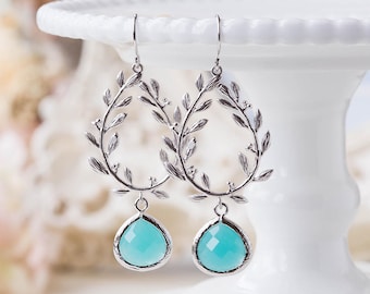 Aqua Blue Silver Laurel Wreath Dangle Earrings Chandelier Earrings Aqua Wedding Jewelry Bridesmaid Earrings Aquamarine March Birthstone