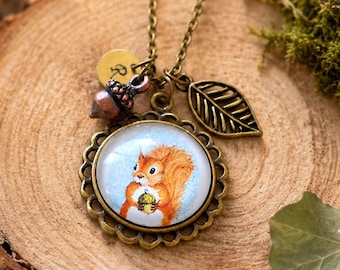 Squirrel Necklace with personalized initial , Leaf Acorn Necklace, Fall Autumn Jewelry, Personalized jewelry, Christmas Gift for girls women