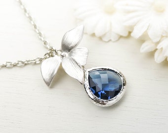 Silver Orchid Sapphire Necklace Navy Blue Wedding Bridesmaid Necklace Bridal Party Gift September Birthday Gift for Her Birthstone Jewelry