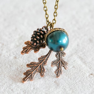 Acorn Pinecone Oak Leaf Pendant Necklace, Fall Autumn Jewelry Jewellery, Woodland Jewelry, Mothers Day Gift for Mom, Gift for Wife grandma image 2