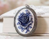 Blue Rose Cameo Silver Locket Necklace, Victorian Floral Oval Locket, Personalized Photo Picture Locket, Mother 39 s Day Gift, Gift for Mom Her