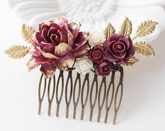 Burgundy Maroon Marsala Dark Red Rose Flower Hair Comb with Gold Leaf Branches, Bridal Hair Comb, Wedding Hair Comb, Large Hair Slide