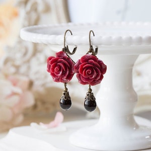 Dark Red Earrings, Maroon Burgundy Marsala Flower Black Teardrop Pearl Dangle Earrings Wedding Jewelry Bridesmaid Gift Valentines day gift image 1