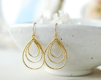 Gold Triple Teardrop Hoop Earrings, Minimalist Earrings, Simple Everyday Earrings, Gift for Her, Gift for Women