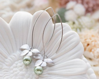 Silver Orchid Flower Sage Green Olivine Pearls Long Dangle Earrings Sage Wedding Bridal Earrings Bridesmaid Gift, Gift for Women Wife Sister